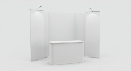 Empty white exhibition stand with blank roll-up banners. Modern display booth setup for a trade show.
