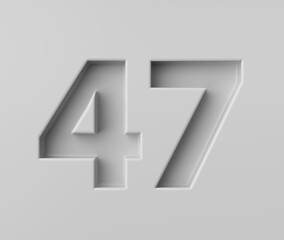Sleek White Number 47 Forty Seven With Subtle Shadow Embossed Into Grey Background 3D Illustration