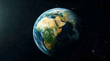 Stunning view of Earth from space showing Africa, Europe, and the Middle East, illuminated by sunlight—symbolizing global unity, environmental awareness, and the beauty of our shared planet

