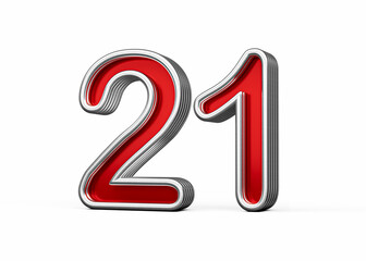 Vibrant Red Number Twenty one 21 With Metallic Gleam And Beveled Edges, 3D Illustration
