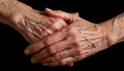 Clasped wrinkled hands of a senior woman showing age spots and prominent veins on a black background symbolize aging, vulnerability, and the passage of time