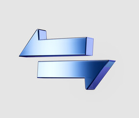 3D Sleek Metallic blue bidirectional arrow icon symbolizing exchange and transfer. 3d illustration