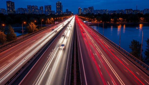 Vibrant light trails streaming from vehicles racing along nighttime highway, urban skyline glowing against shimmering river backdrop, showcasing metropolitan energy