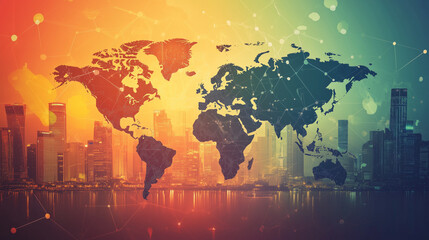 Digital world map overlay on a modern city skyline at sunset, symbolizing global connectivity, international networks, and the integration of technology in the urbanized, interconnected world

