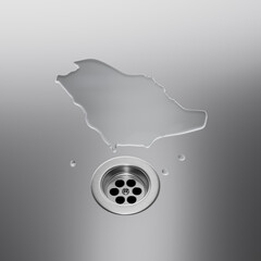 Saudi Arabia Water Map With Drainage Metal Sink Save Water. 3D Illustration