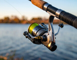 A modern fishing rod with a shiny spinning reel and bright green fishing line is held over a calm lake during golden hour, ready for the next catch.