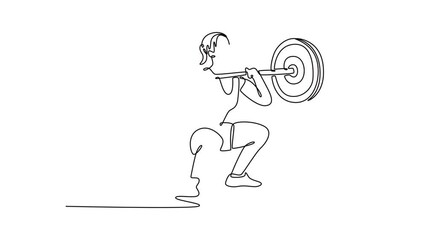Self drawing animation of single line draw woman athlete doing front squat with a barbell in the gym. Body building, healthy lifestyle, movement, action concept. Continuous line. Full length animated - Powered by Adobe