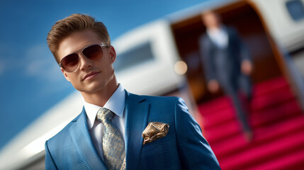 Stylish man wearing sunglasses stands confidently in blue suit near private jet. Bright blue sky enhances luxury atmosphere, symbolizing success