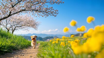 Small dog running on spring path with cherry blossoms and dandelions