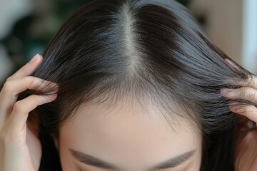 Naklejka premium Serious Asian woman holding her hair, showing significant hair loss after brushing, highlighting health or beauty treatment concerns., Generative AI