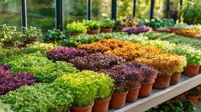 Vibrant Greenhouse Display of Multicolored Herb Pots in Sunlight