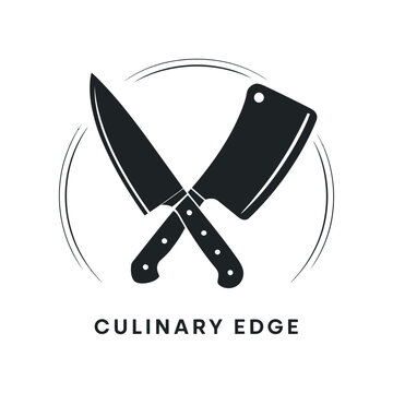 Minimalist Culinary Logo Design Featuring Crossed Chef s Knife and Meat Cleaver in Black and White with Culinary Edge Text Below the Icon