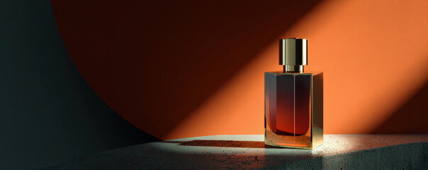Striking low angle shot of bold geometric perfume bottle, showcasing its polished surface against vibrant orange backdrop. interplay of light and shadow adds depth and elegance to composition
