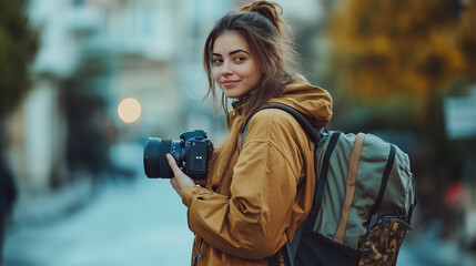 Fototapeta premium Smiling young female traveler with backpack and camera exploring city streets in autumn, wearing a brown jacket, enjoying solo travel and street photography during her urban adventure
