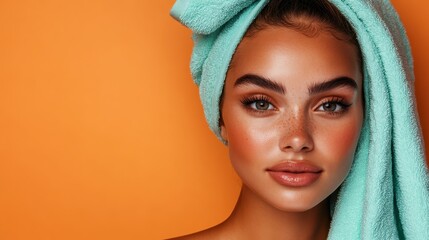 A close-up beauty portrait showcasing a young woman adorned with a turquoise towel, presenting her natural beauty against a vibrant orange backdrop, exuding freshness and confidence.