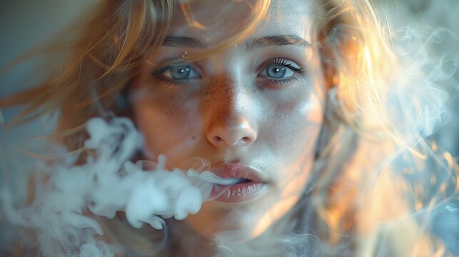 A stunning close-up of a woman’s face surrounded by swirling smoke, capturing an enigmatic vibe with her captivating eyes and intricate details, evoking a sense of mystery.