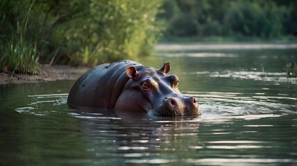 Hippopotamus in Shallow River