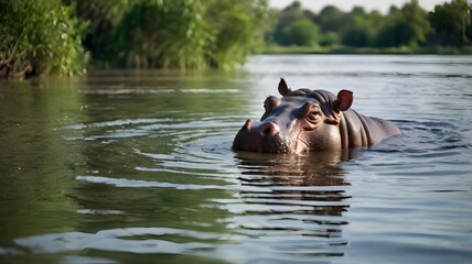 Hippopotamus in Shallow River