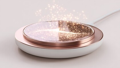 rose gold luminous wireless charger with pulse aura soft particle sparks ambient glow on high-tech base surface