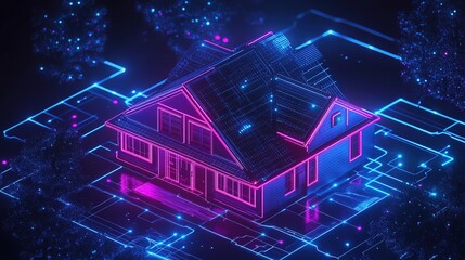 Naklejka premium A neon-lit AI-powered smart home with real-time automation 