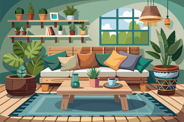 vector of A cozy living area with a pallet sofa with cushions, a rustic wooden coffee table, decorative plants and a clear background creates a calm and welcoming atmosphere.