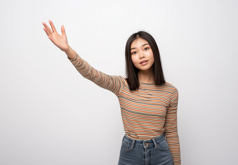 Full-Body Portrait of a Young Woman in Jeans and Striped Top – Artistic Pose with Open Palm and Raised Hand, White Background, Studio Shot, High-Resolution Fashion and Lifestyle Photography