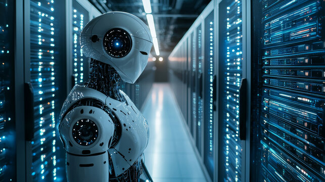 A futuristic AI-driven robot managing data and analyzing information within a state-of-the-art data center