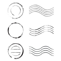 Postage stamp. Set of round and wavy stamps. Blank grunge postage postmark. Empty mail delivery template.