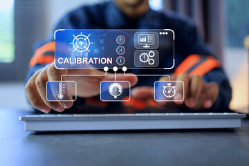 The engineer calibrating the engineering tool such as stopwatch thermometer and mechanical device via a virtual screen to ensure availability and minimal deviation according to ISO IEC 17025 standards