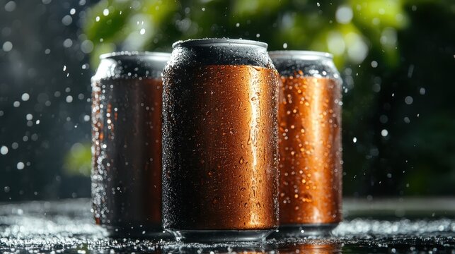 Four chilled beer cans glisten with droplets of water, illustrating a refreshing moment perfect for hot summer days or cozy gatherings with friends and family in the outdoors.