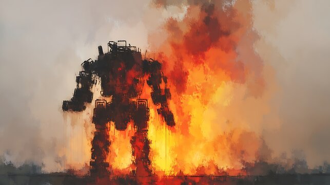Mech ablaze amidst fiery destruction scene