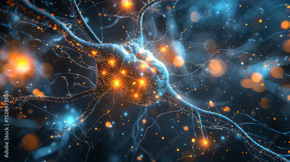 Poster colorful depiction of a neuron with illuminated synapses and dendrites, highlighting brain connectiv
