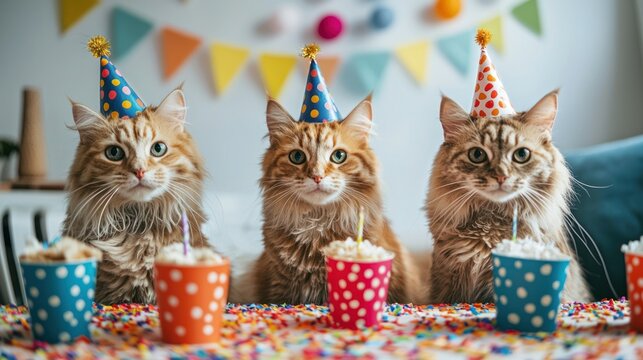Three cats wearing party hats, sitting on a table with colorful cupcakes and a festive background.