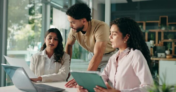 Collaboration, laptop and tablet with business people in office together for report or research. Computer, conversation and online planning with employee team in workplace for project management - Powered by Adobe