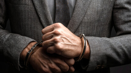 Fototapeta premium Conflict and power in corporate law portrayed by a businessman in handcuffs striking a confident pose