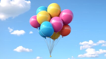 A colorful bunch of balloons against a blue sky with white clouds.