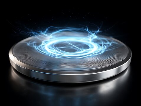 silver sci-fi wireless charging disk rotating glowing energy field reflective metallic texture editorial tech illustration