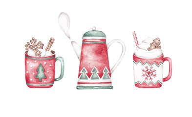 Christmas tea clip art. Merry Christmas  illustrations. Hand drawn with watercolor. Christmas card design. Hot Christmas drinks collection