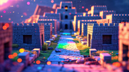 Obraz premium Enchanting fantasy castle illustration featuring a colorful stone pathway and bokeh effect