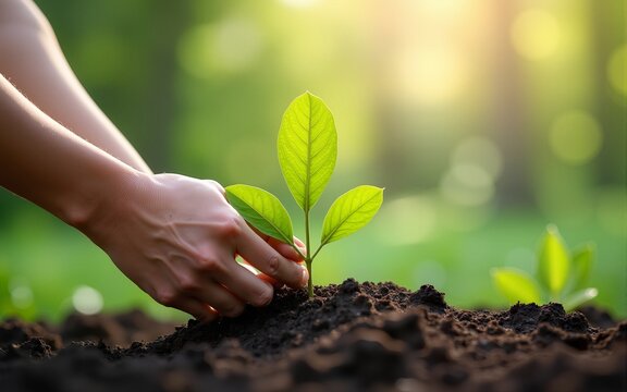Fototapeta arbor day concept for the environmental themed holiday with person planting a plant. High quality