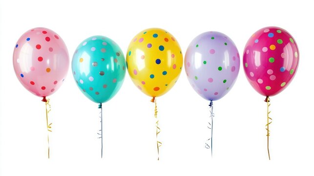 Five colorful balloons with polka dots and ribbons, floating against a white background. - Powered by Adobe