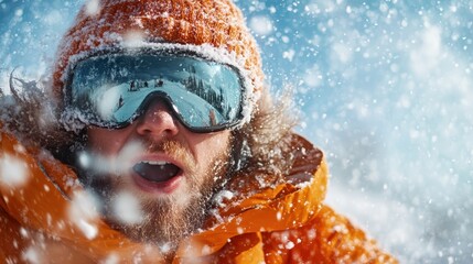 A thrilling winter scene showcasing a person experiencing the exhilaration of snow and skiing, highlighting the beauty and intensity of outdoor winter sports.