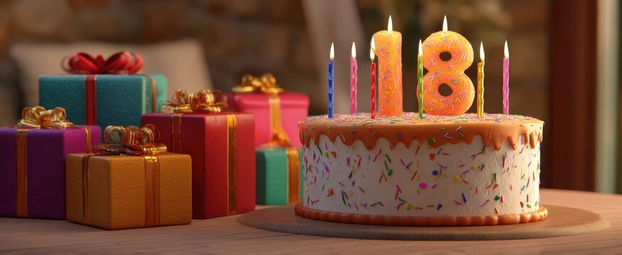 The colorful birthday cake with candles celebrating an 18th milestone party.
