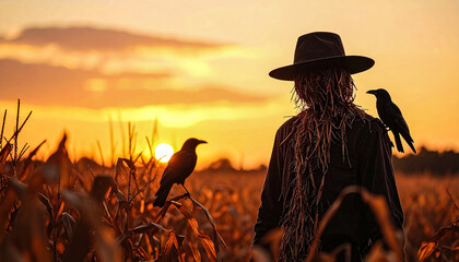 Scarecrow in cornfield with crow on shoulder, creepy sunset scene, stylized horror vibe, cinematic lighting