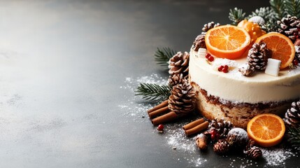 An elegantly decorated cake for Christmas, featuring vibrant oranges, pine cones, and seasonal spices, presents a delightful focal point for festive gatherings and holiday joy.
