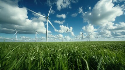 A serene landscape featuring numerous wind turbines towering against a brilliantly blue sky, emphasizing the harmony between nature and renewable energy.