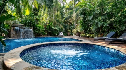 A serene tropical garden with a large, round, blue pool surrounded by lush greenery and a waterfall.