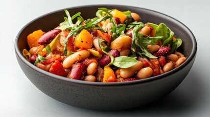 A vibrant bowl filled with a healthy mix of beans, greens, and vegetables, showcasing a nutritious meal that emphasizes health, color, and freshness in food preparation.