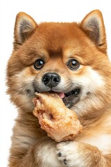 Obraz premium Pomeranian dog holding fried chicken leg 