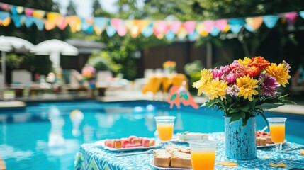 Fototapeta premium A vibrant outdoor party scene with a pool, colorful decorations, and a table set with food and drinks.